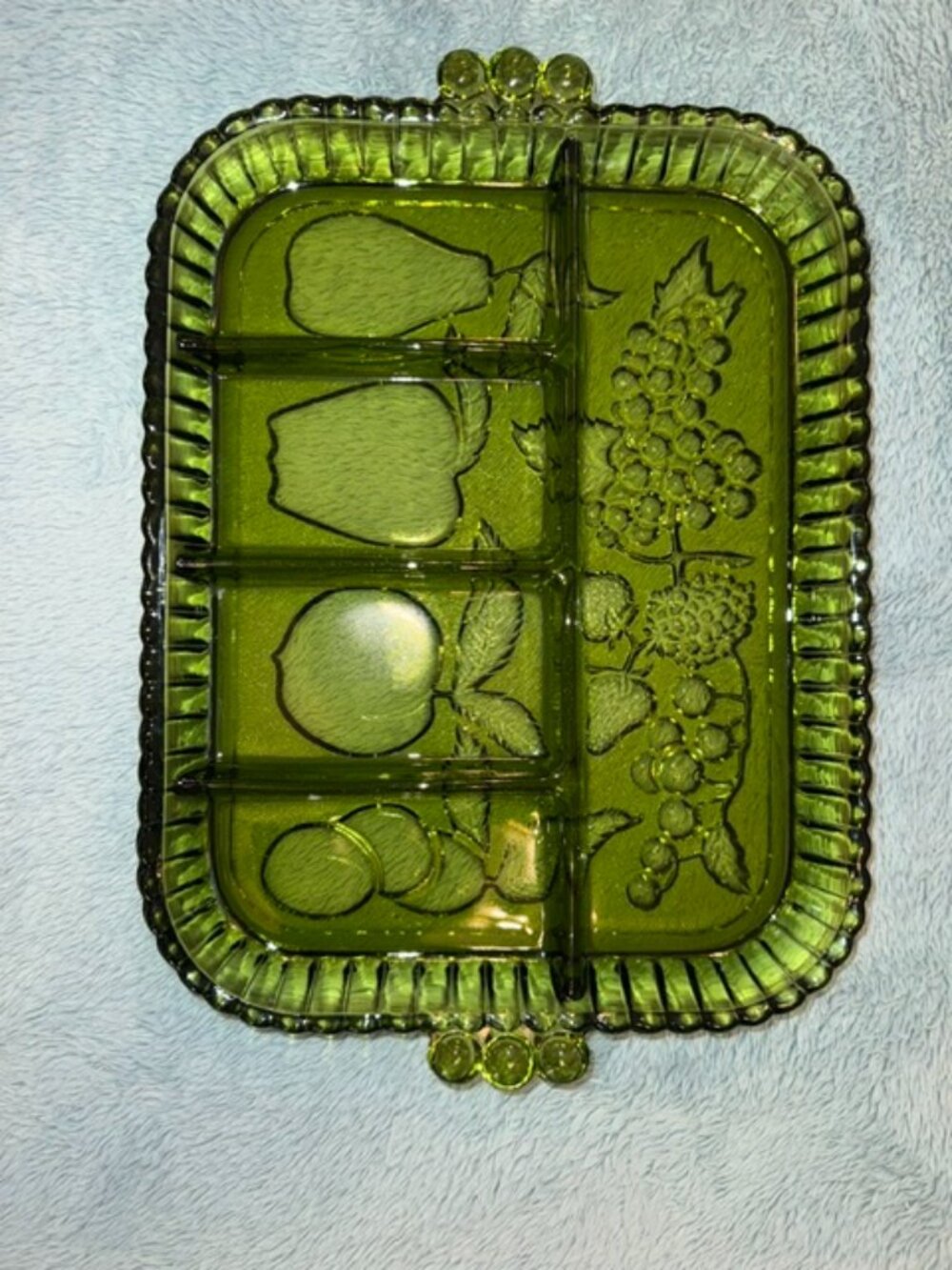 1960's Indiana Glass Avocado Green Divided Relish Tray 5 Section Fruit Pattern